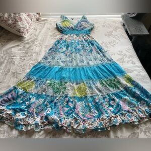 Y2K Smocked Blue Floral Tiered Babydoll Cotton Maxi Dress Medium Cottagecore Fae